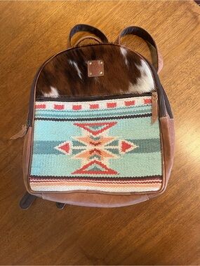Southwestern Pattern Leather & Cowhide Backpack - Turquoise & Brown